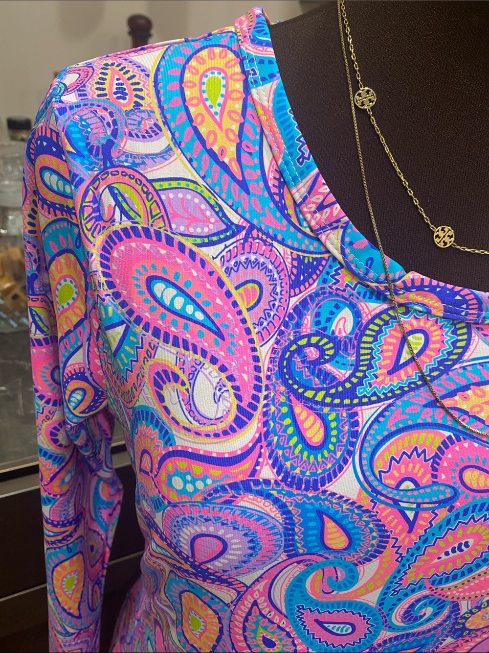Lulu B stretch dress rounded collar vibrant paisley resort wrinkle free SPF - Picture 8 of 17